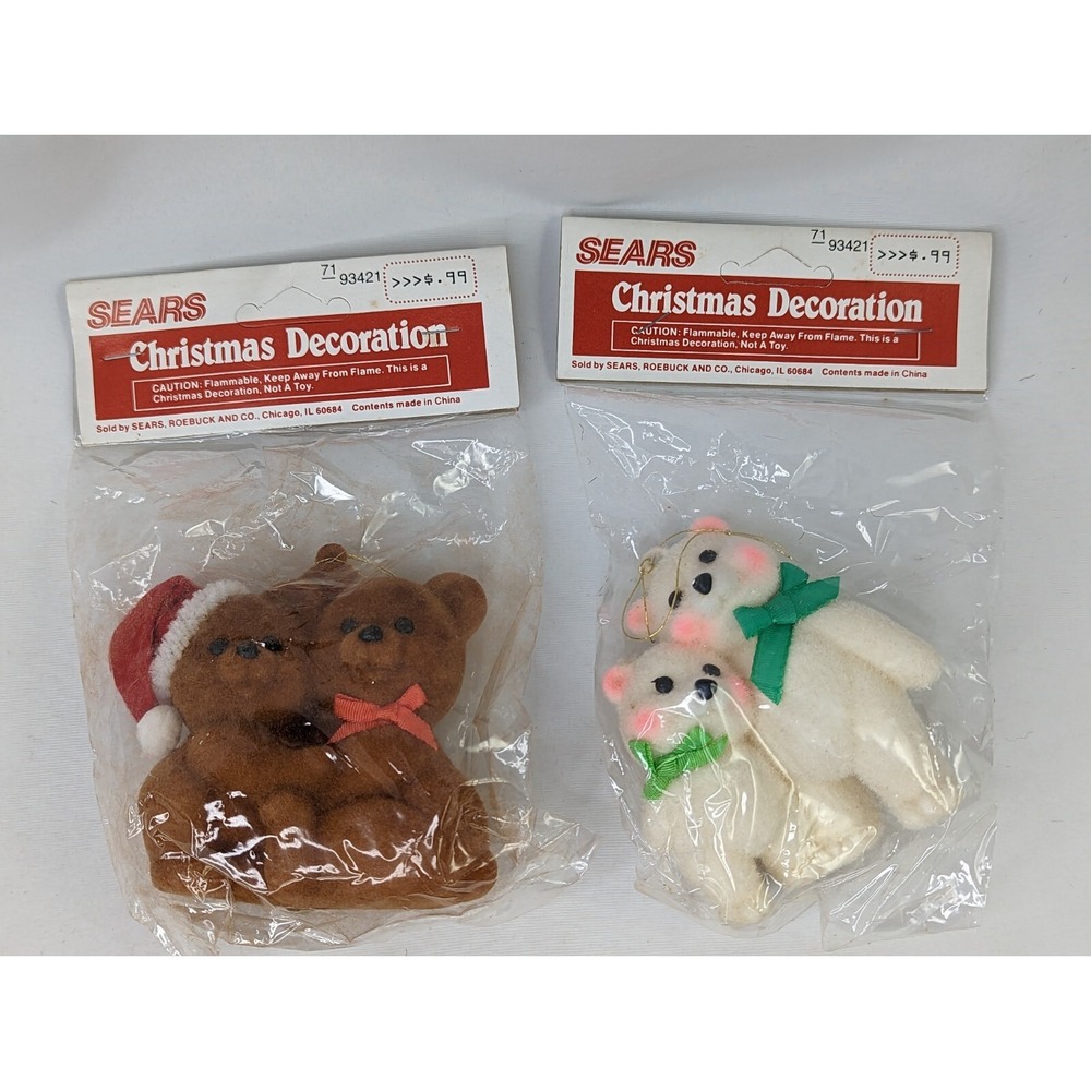 Sears‎ Christmas Ornament Flocked Bears Lot of 2 White Brown a